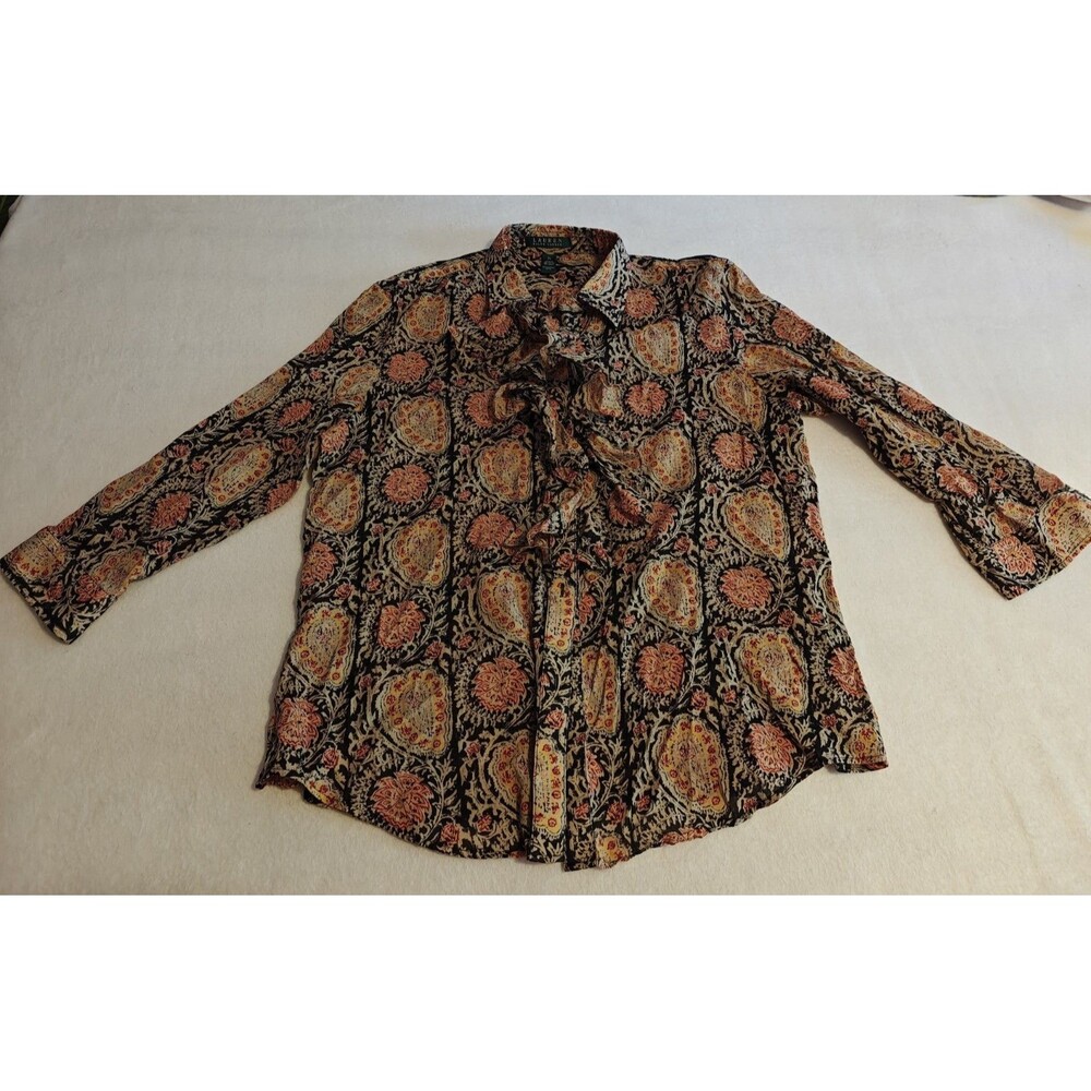 Lauren Ralph Lauren Womens XL Paisley Blouse Multi Color Cotton Ruffle Tie Neck